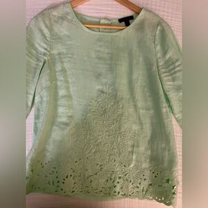 J. Crew Green Linen Embellished 3/4 Sleeve Blouse